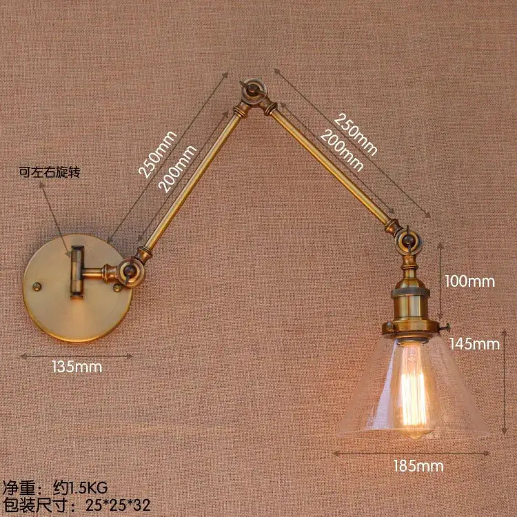 Vintage industrial brass glass ball swing arm light bedroom sconce with adjustable brass wall sconce and exposed filament bulb