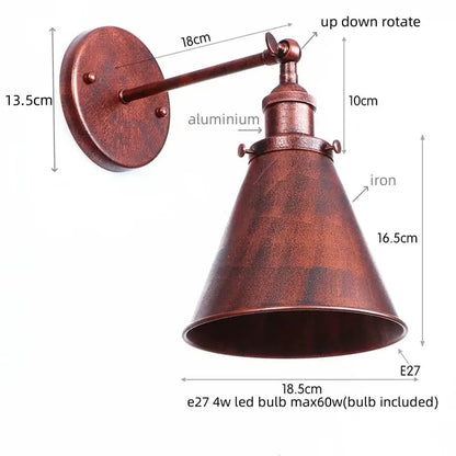 Vintage industrial brass iron led wall lamp with copper-finished conical shade and adjustable aluminum arm for bedroom decorbites iron led