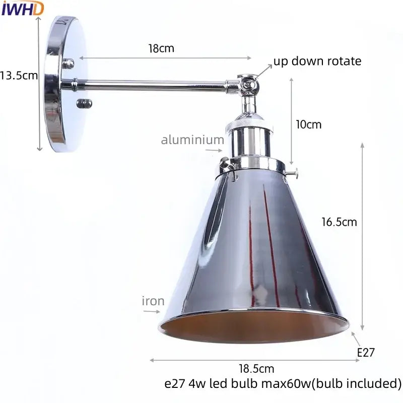 Chrome-finished vintage industrial brass iron led wall lamp with conical shade and adjustable arm for bedroom reading light