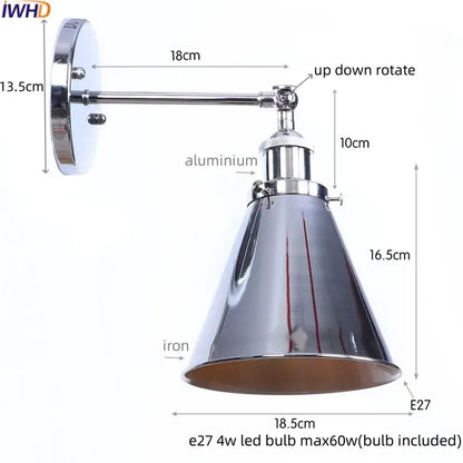 Chrome-finished vintage industrial brass iron led wall lamp with conical shade and adjustable arm for bedroom reading light