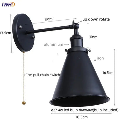 Black industrial-style iron led wall sconce with matte aluminum arm and iron shade for decorbites iron led lamp