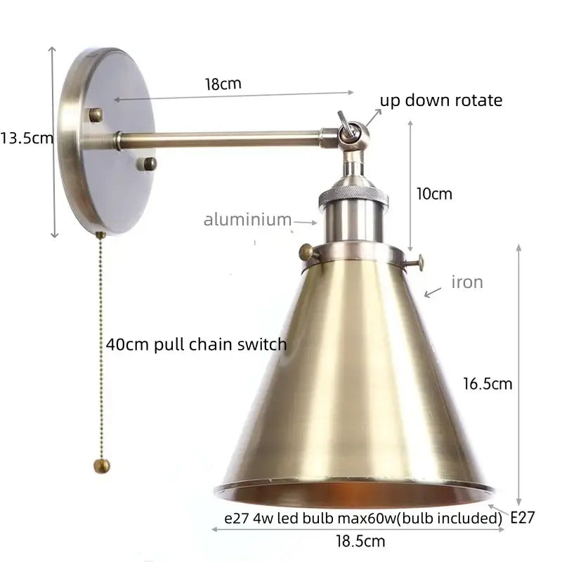 Vintage industrial brass iron led wall lamp with adjustable arm and conical shade for bedroom reading decorbites iron led