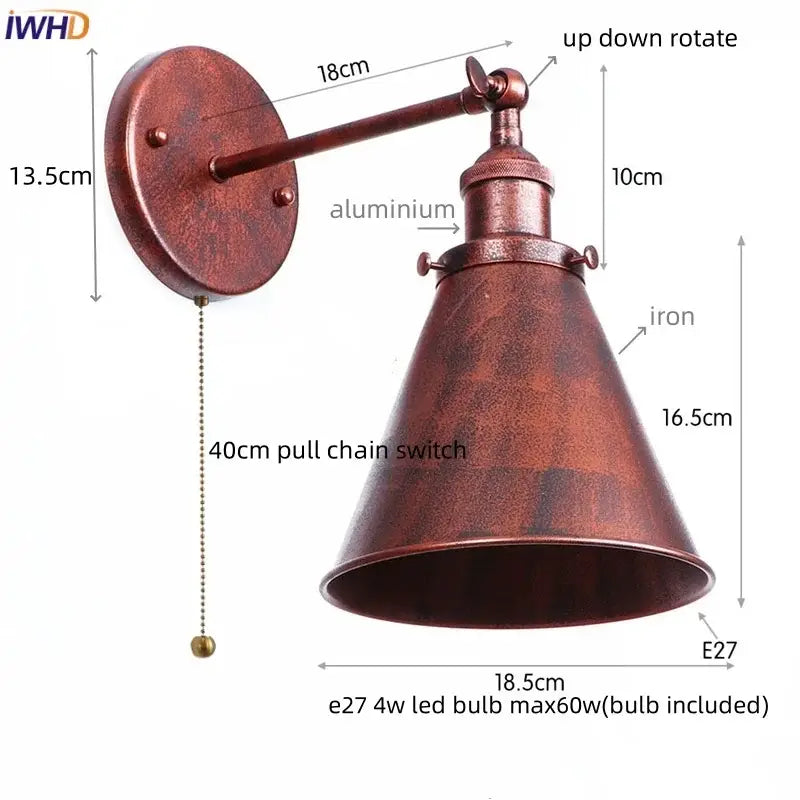 Copper-finished vintage industrial brass iron led wall lamp with conical shade and adjustable arm for decorbites iron led lighting