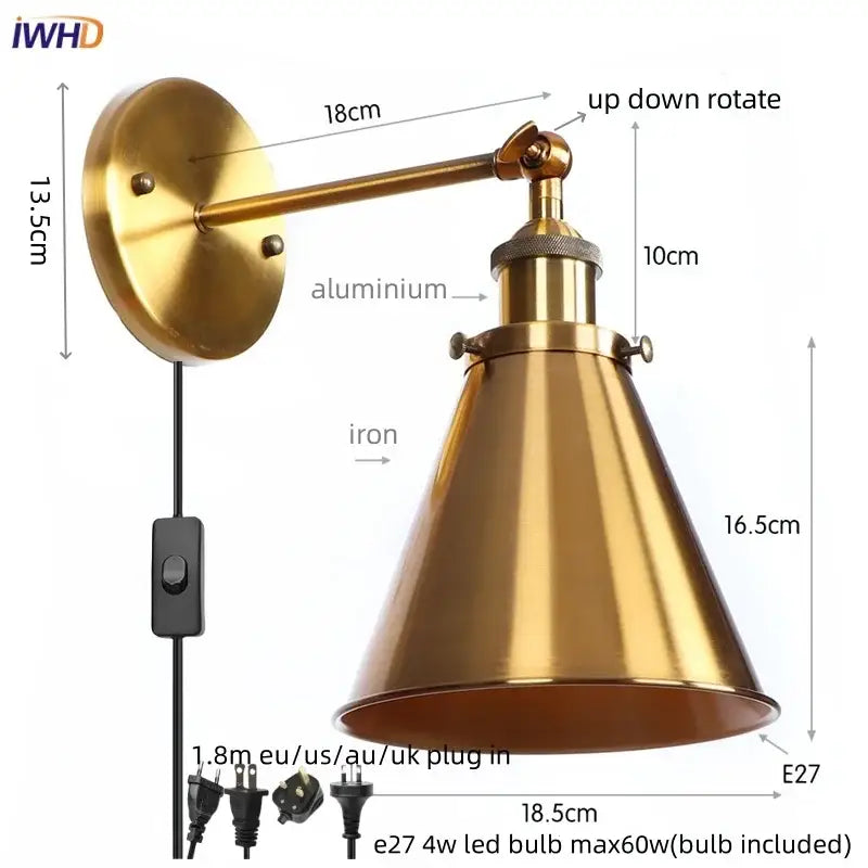 Vintage industrial brass iron led wall lamp with adjustable arm and conical shade for bedroom reading decorbites iron led