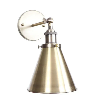 Vintage industrial brass iron led wall lamp with brushed brass conical shade and metallic arm for bedroom decorbites iron led