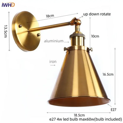 Vintage industrial brass iron led wall lamp with conical shade and adjustable arm ideal for bedroom reading decorbites iron led