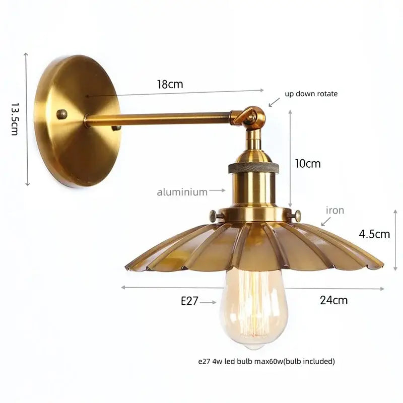 Vintage industrial brass iron led wall lamp with fluted glass shade and exposed edison bulb for bedroom reading decorbites iron led