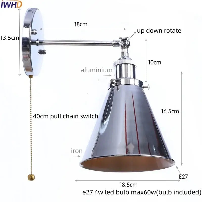 Vintage industrial brass iron led wall lamp with chrome finished conical shade and adjustable arm for bedroom reading decorbites iron led