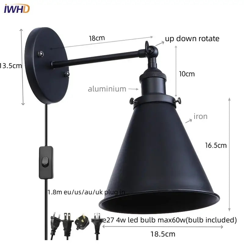 Black vintage industrial iron led wall lamp with aluminum arm and iron shade for bedroom reading decorbites iron led