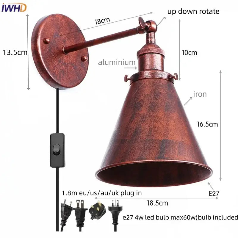 Vintage industrial brass iron led wall lamp with copper-finished aluminum conical shade for bedroom reading decorbites iron led