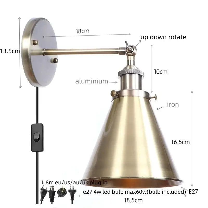 Vintage industrial brass iron led wall lamp with adjustable arm and iron base for bedroom reading decorbites iron led