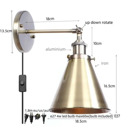 Vintage industrial brass iron led wall lamp with adjustable arm and iron base for bedroom reading decorbites iron led