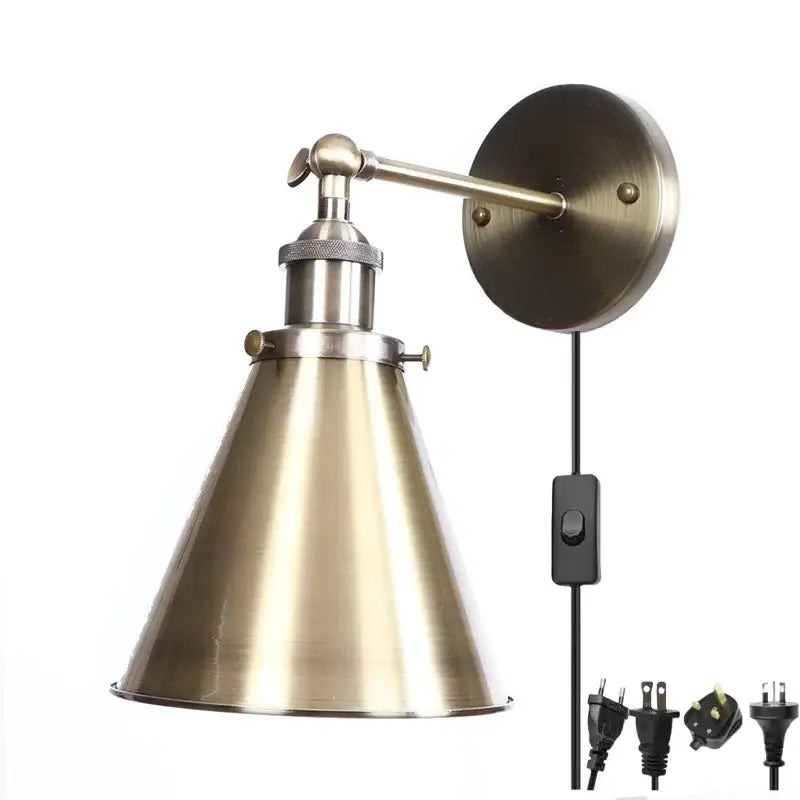 Vintage industrial brass iron led wall lamp with adjustable conical shade for bedroom reading decorbites iron led design