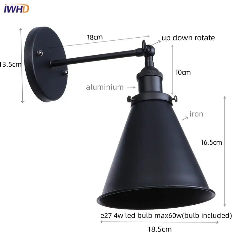 Black matte finished vintage industrial brass iron led wall lamp with conical shade and adjustable aluminum arm for decorbites iron led wall use