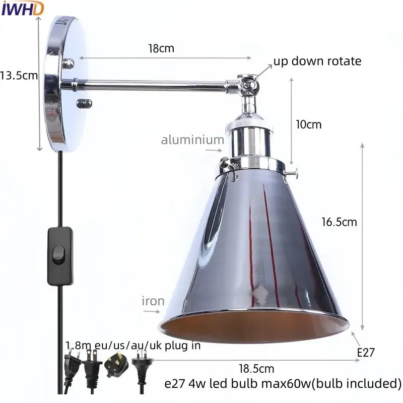 Chrome-finished adjustable iron led wall lamp with conical shade and aluminum arm for vintage industrial bedroom decorbites iron led