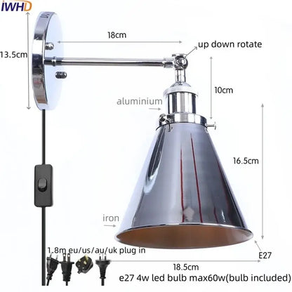 Chrome-finished adjustable iron led wall lamp with conical shade and aluminum arm for vintage industrial bedroom decorbites iron led