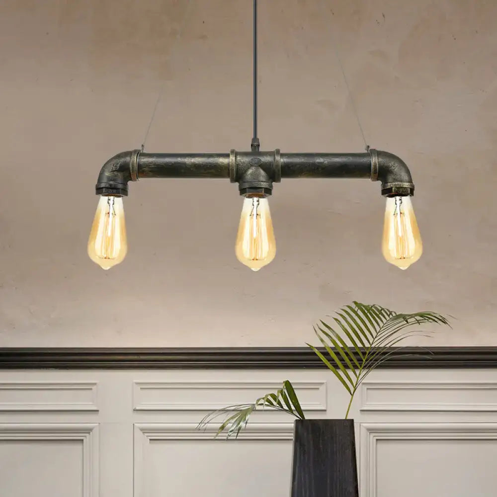 DecorBites™ vintage brass pipe ceiling light fixture with three exposed bulbs in iron industrial-style frame