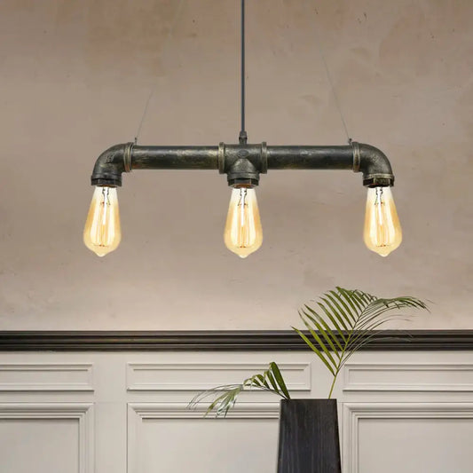 DecorBites™ vintage brass pipe ceiling light fixture with three exposed bulbs in iron industrial-style frame