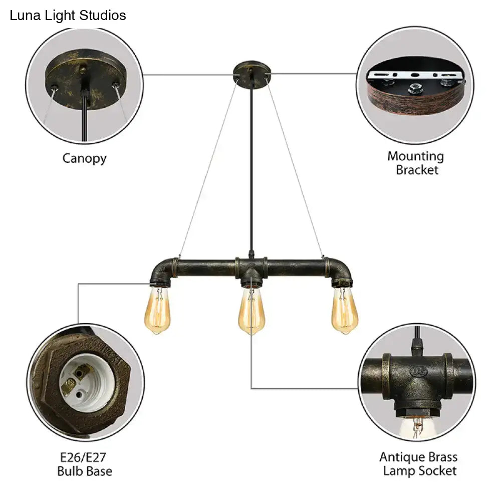 Decorbites vintage brass pipe ceiling light fixture with dark rustic iron frame and three exposed edison bulbs