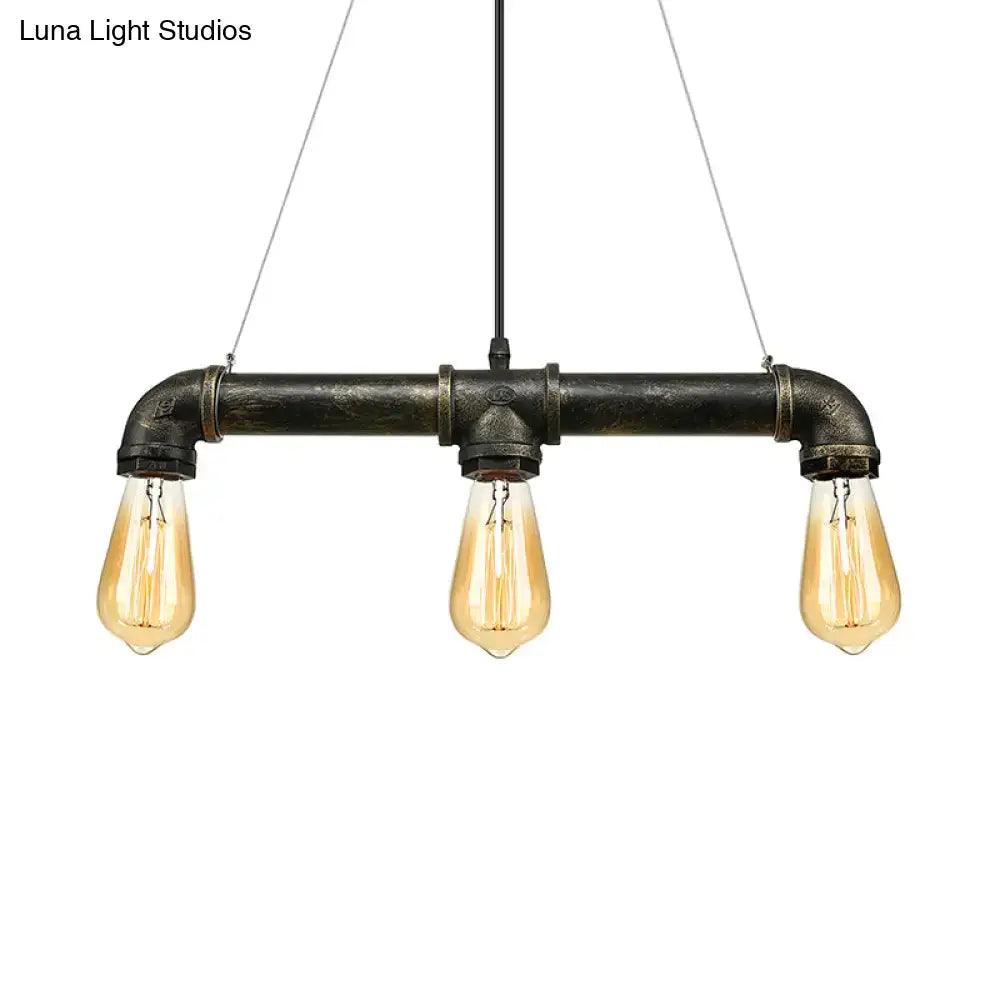 DecorBites Vintage brass pipe ceiling light fixture with three exposed bulbs in black iron for indoor use