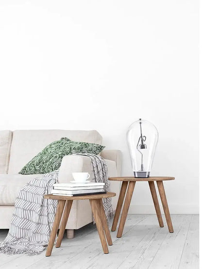 Vintage industrial decorbites glass desk lamp with clear glass, silver-toned filament bulb and wooden side table base
