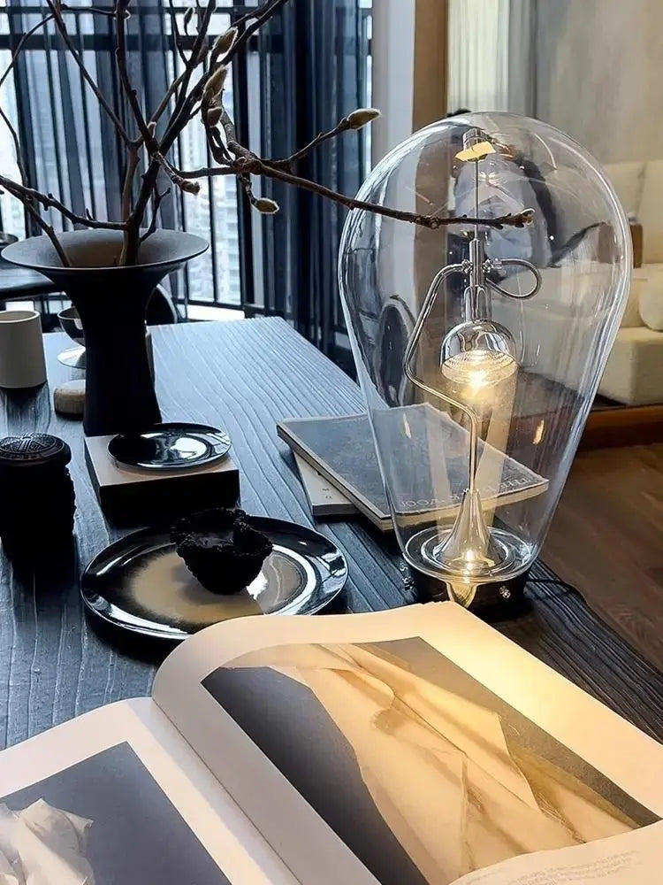 Vintage industrial decorbites glass desk lamp with transparent glass, glowing filament bulb, and metallic base for bedroom decorbites glass desk use