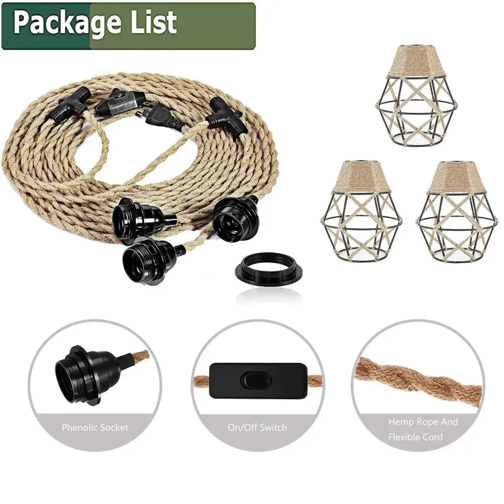 Vintage industrial pendant light made of natural hemp rope with black phenolic sockets and matching on off switch