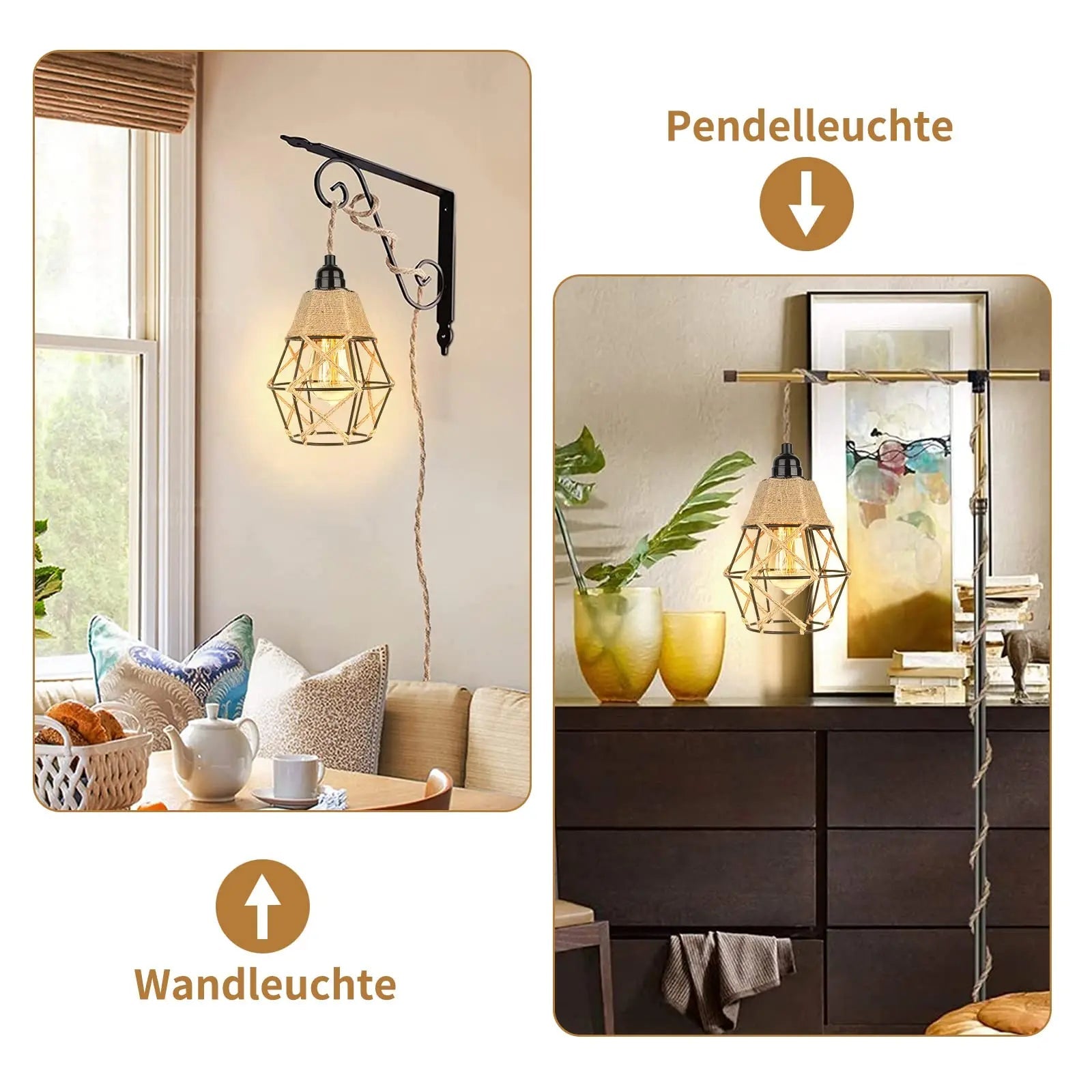 Vintage Industrial Hemp Rope Plug-In Pendant Light - Decorbites