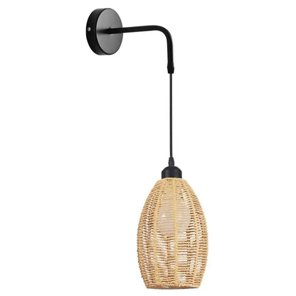 Beige woven rattan wall lamp with black metal arm featuring decorbites industrial hemp rope sconce for bedroom decor