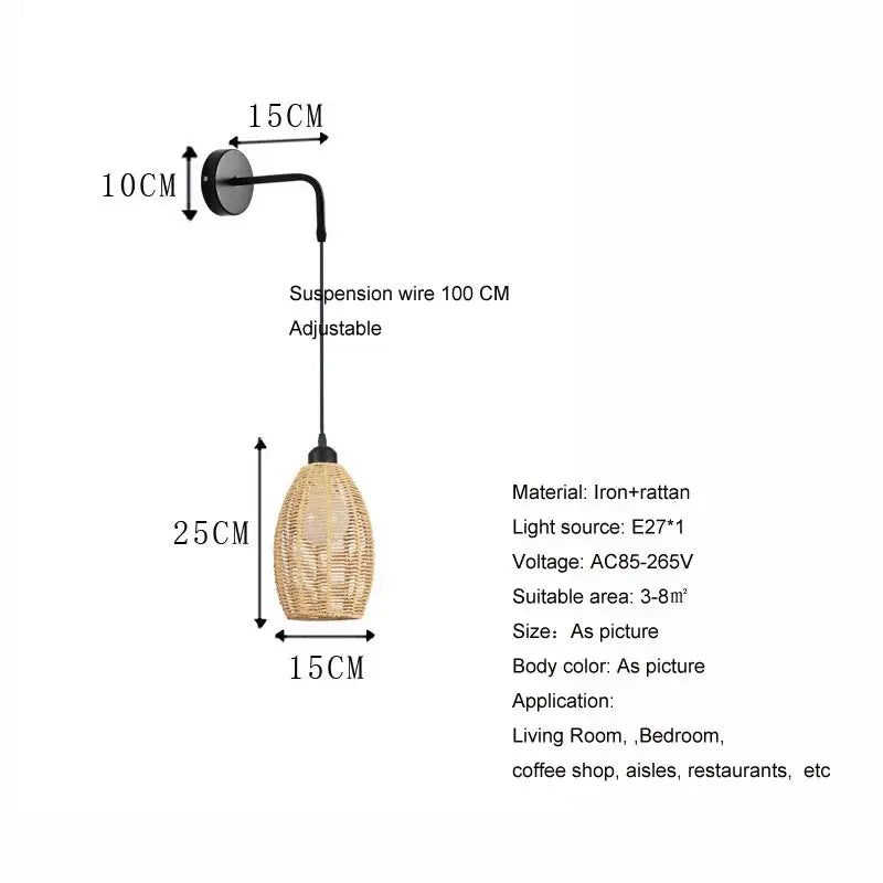 Beige woven rattan wall lamp with black iron bracket and adjustable suspension wire decorbites industrial hemp rope