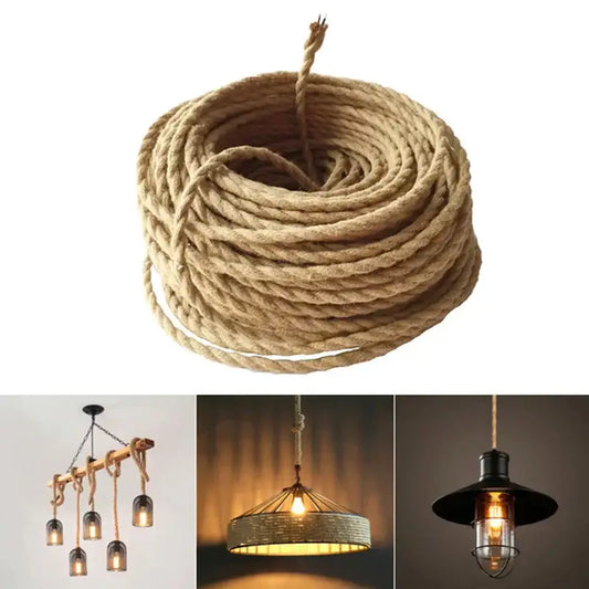 Coiled vintage industrial hemp rope in natural color woven textile wire for rustic living room lighting fixtures