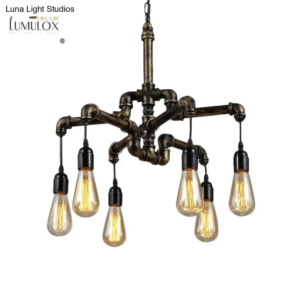 DecorBites™ vintage industrial metal and glass chandelier with dark rustic finish and five exposed filament bulbs