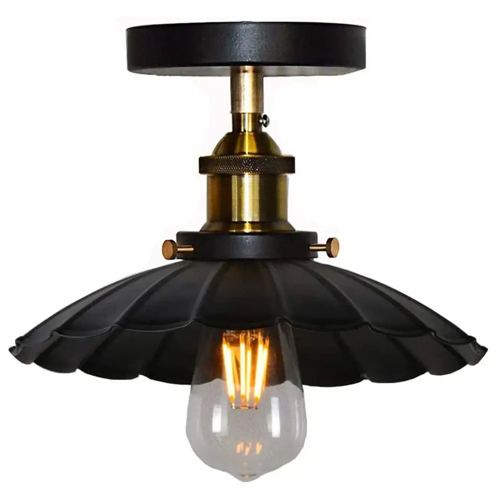 Vintage industrial scalloped iron ceiling light with black metal fixture brass accents and exposed filament bulb for kitchen decorbites iron ceiling