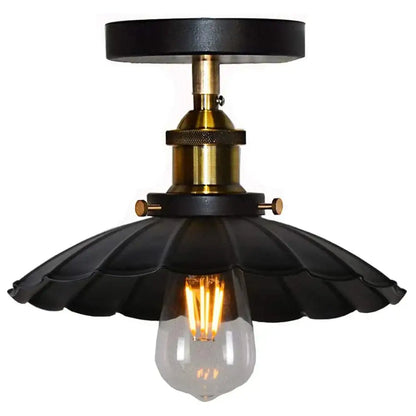 Vintage industrial scalloped iron ceiling light with black metal fixture brass accents and exposed filament bulb for kitchen decorbites iron ceiling