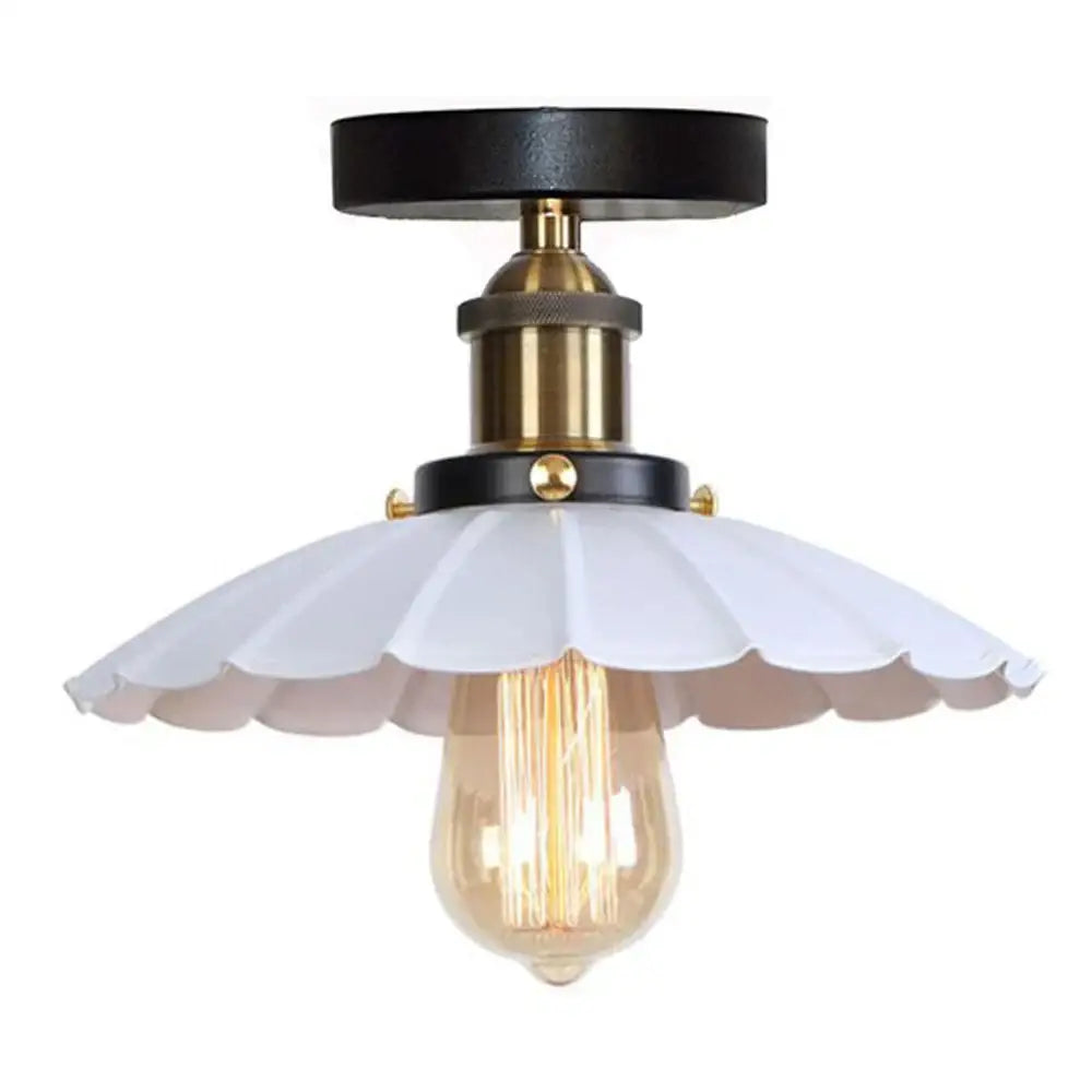 Vintage industrial scalloped iron ceiling light with black metal base brass accents and white glass shade for kitchen decorbites iron ceiling light