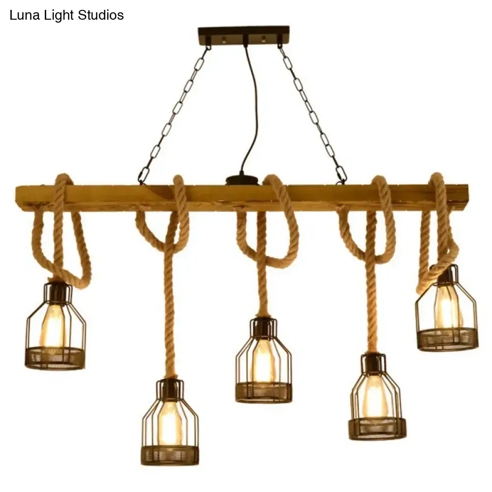 Decorbites vintage style island lighting fixture featuring rustic wooden beam and five industrial metal cage bulbs with rope suspension
