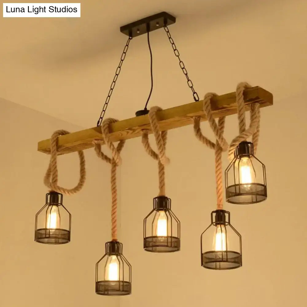 Industrial-style decorbites vintage style island lighting fixture with wooden beam and black metal cage pendant lights
