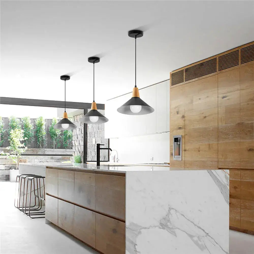 Three modern matte black iron black pendant lights with wooden accents for living room decorbites iron black decor