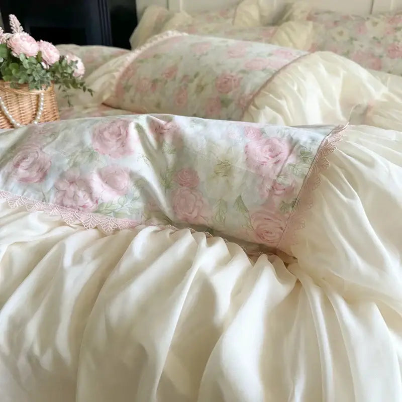 Cream-colored bedding set pillow with delicate pink rose floral print and decorbites french lace ruffles trim