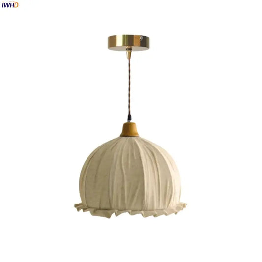 Cream-colored vintage japanese pendant light with beige cloth led shade gold metal mount and wooden accent for dining room decorbites beige cloth
