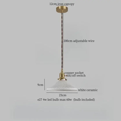 Vintage japanese ceramic led pendant lamp with brass iron canopy copper wire suspension and white fluted ceramic shade