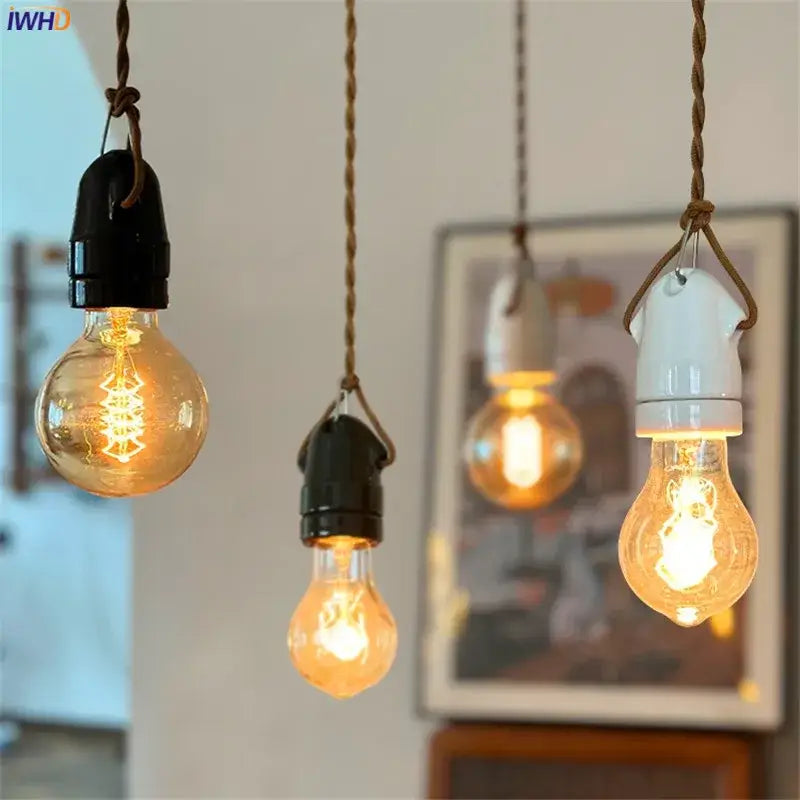 Vintage japanese ceramic led pendant light with black and white bases featuring edison bulbs and twisted rope cords