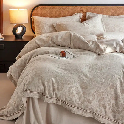 Beige floral-patterned linen bedding set with vintage lace and subtle embroidery made from health wrinkled yarn