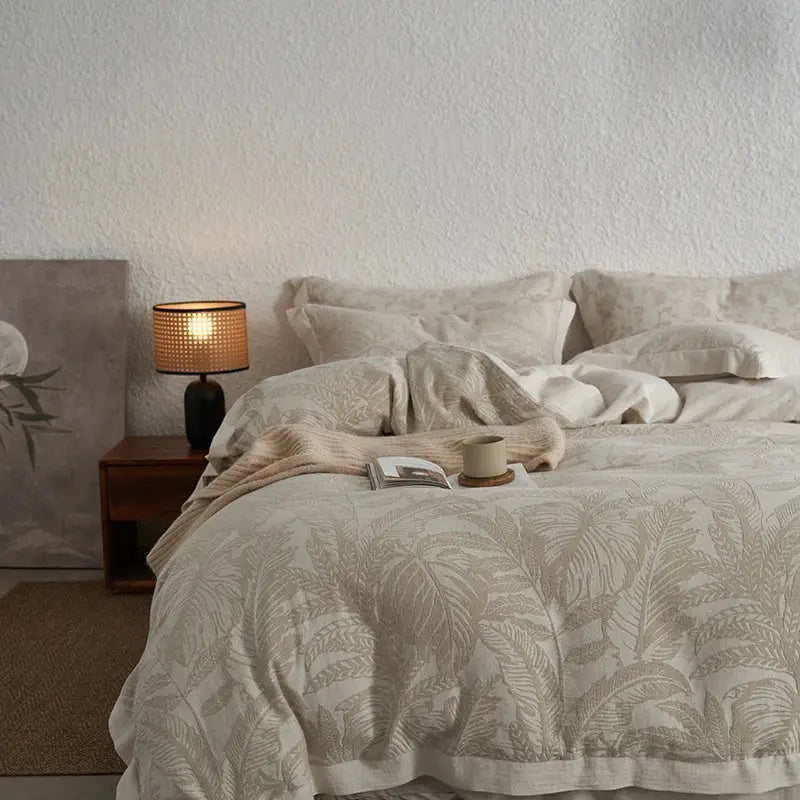 Beige linen duvet cover bedding set with vintage lace fern embroidery made from health wrinkled yarn for bedroom use