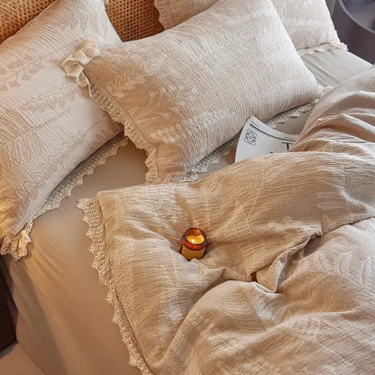 Beige textured cotton bedding set with vintage lace trim and fern embroidery made from health wrinkled yarn