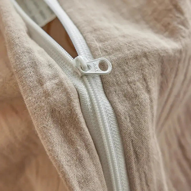 White zipper on vintage lace beige fern embroidered bedding set with textured health wrinkled yarn fabric cover
