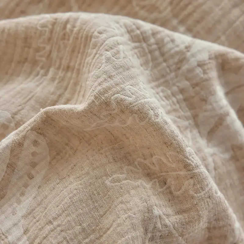 Beige textured cotton bedding set with vintage lace fern embroidery made from health wrinkled yarn fabric