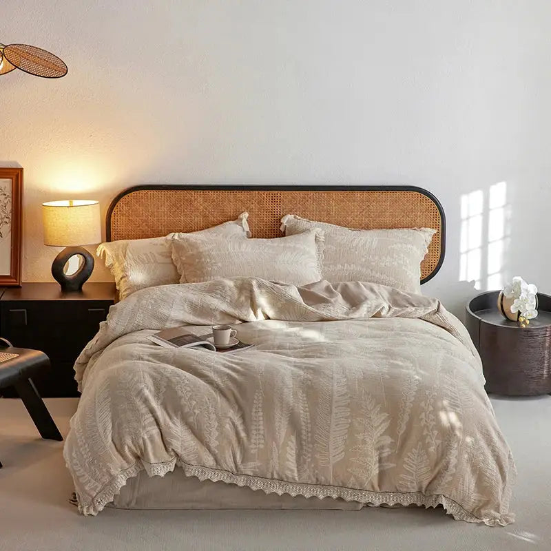 Beige linen bedding set with vintage lace trim and delicate fern embroidery made from health wrinkled yarn