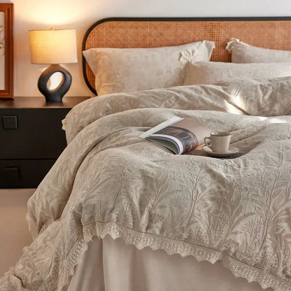 Beige vintage lace bedding set with fern embroidery and delicate lace trim made from health wrinkled yarn