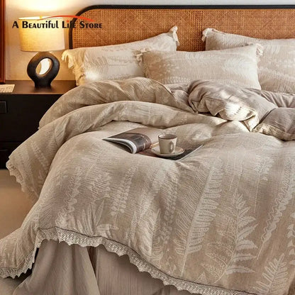 Beige linen bedding set with vintage lace fern embroidery and health wrinkled yarn for a cozy bedroom